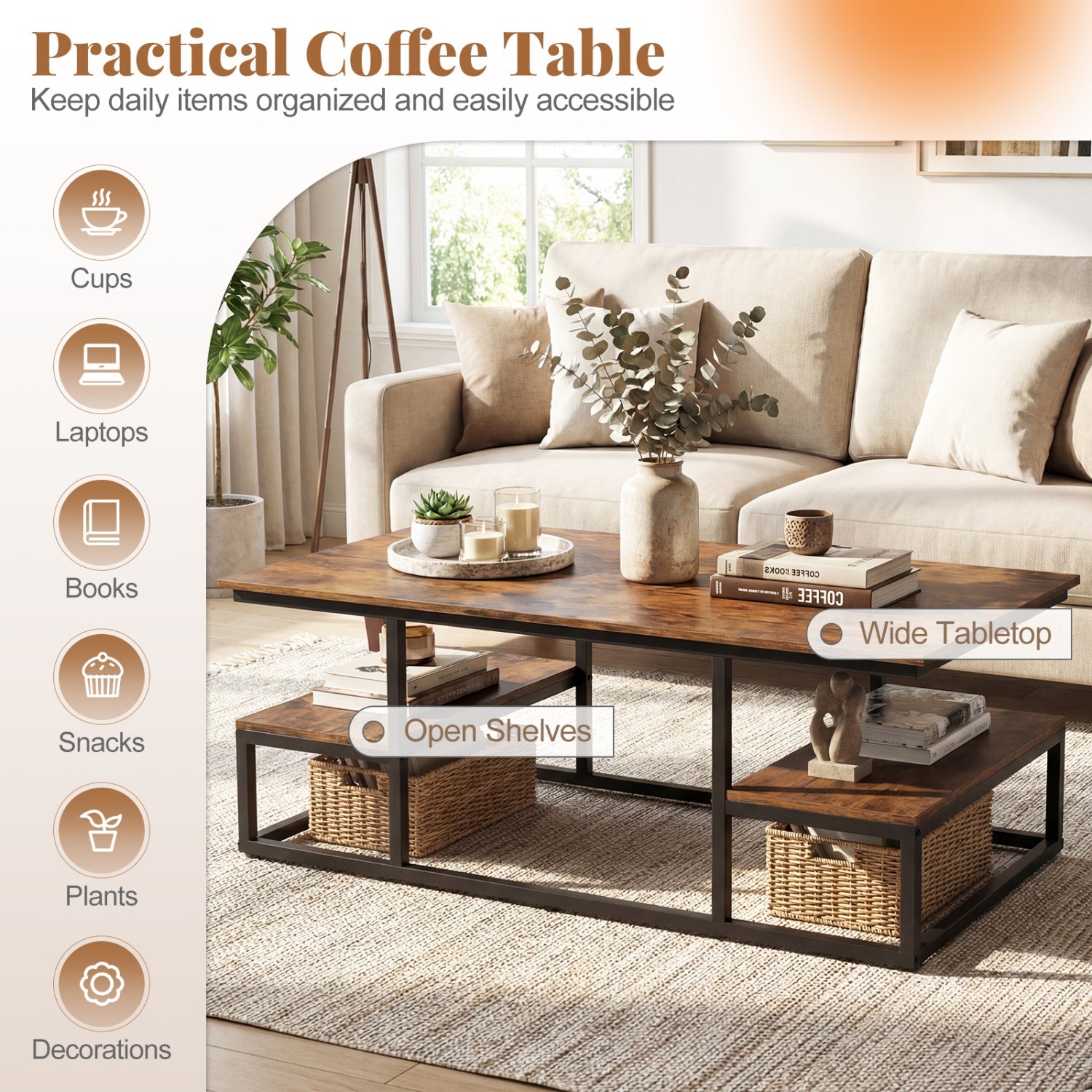43" Rectangle Coffee Table with Storage and Open Shelves by DirectDeals
