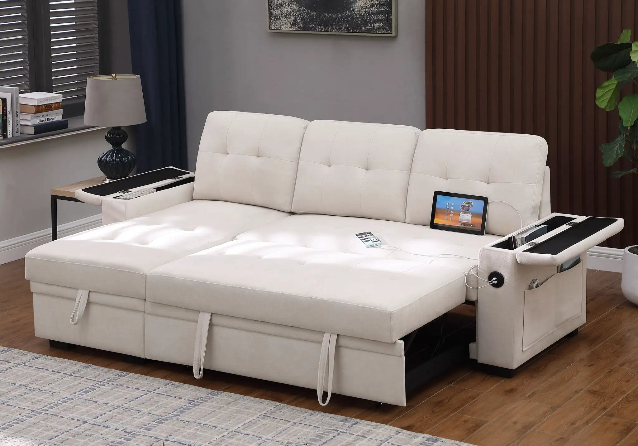 Ashlyn II - 84"W Woven Fabric Reversible Sleeper Sectional Sofa with Storage Chaise by HouseOfZazla