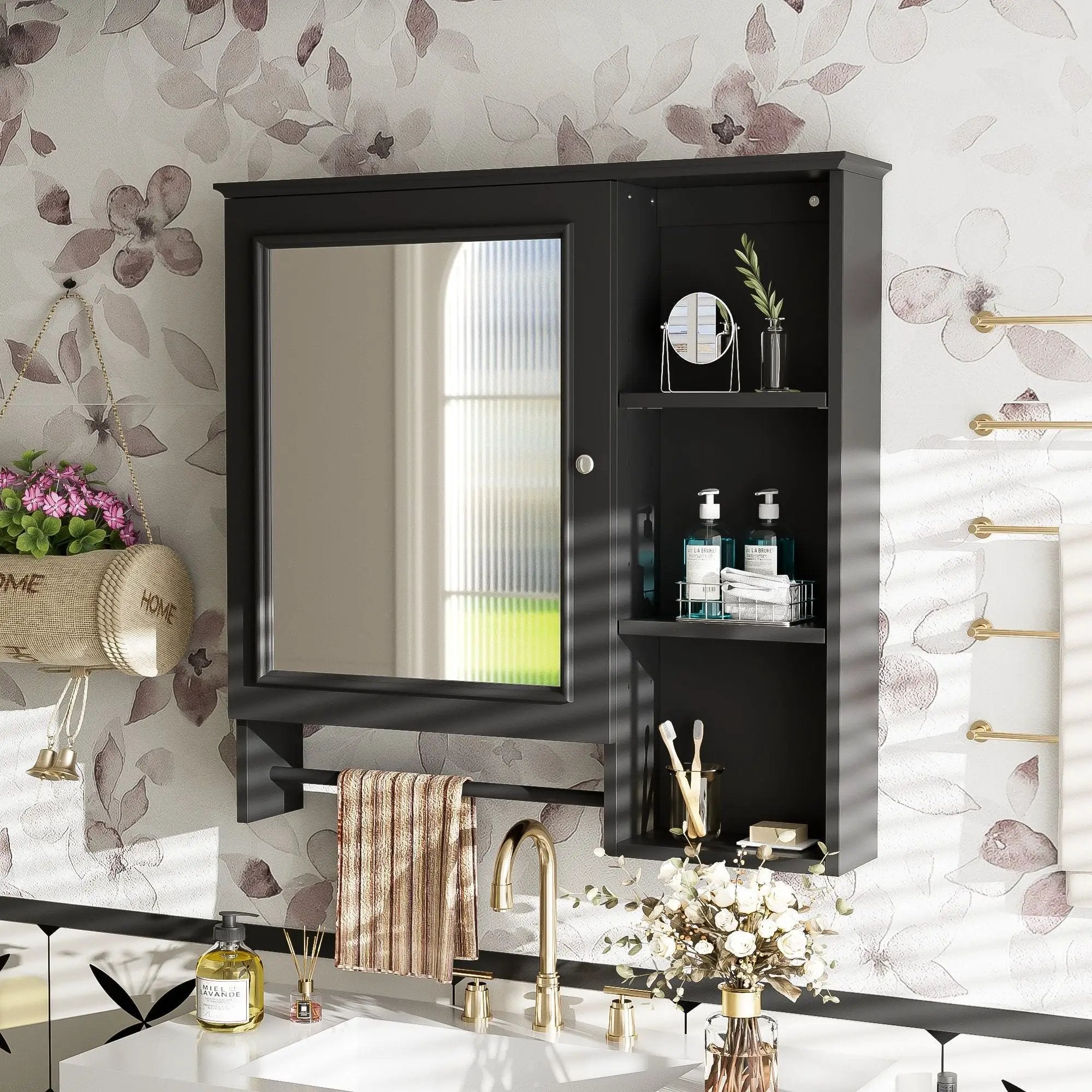 Wall Mounted Bathroom Storage Cabinet, Medicine Cabinets With Large Mirror Door, Adjustable Shelves And Three Open Storage Levels(Not Include Bathroom Vanity) by Unique Piece Furniture