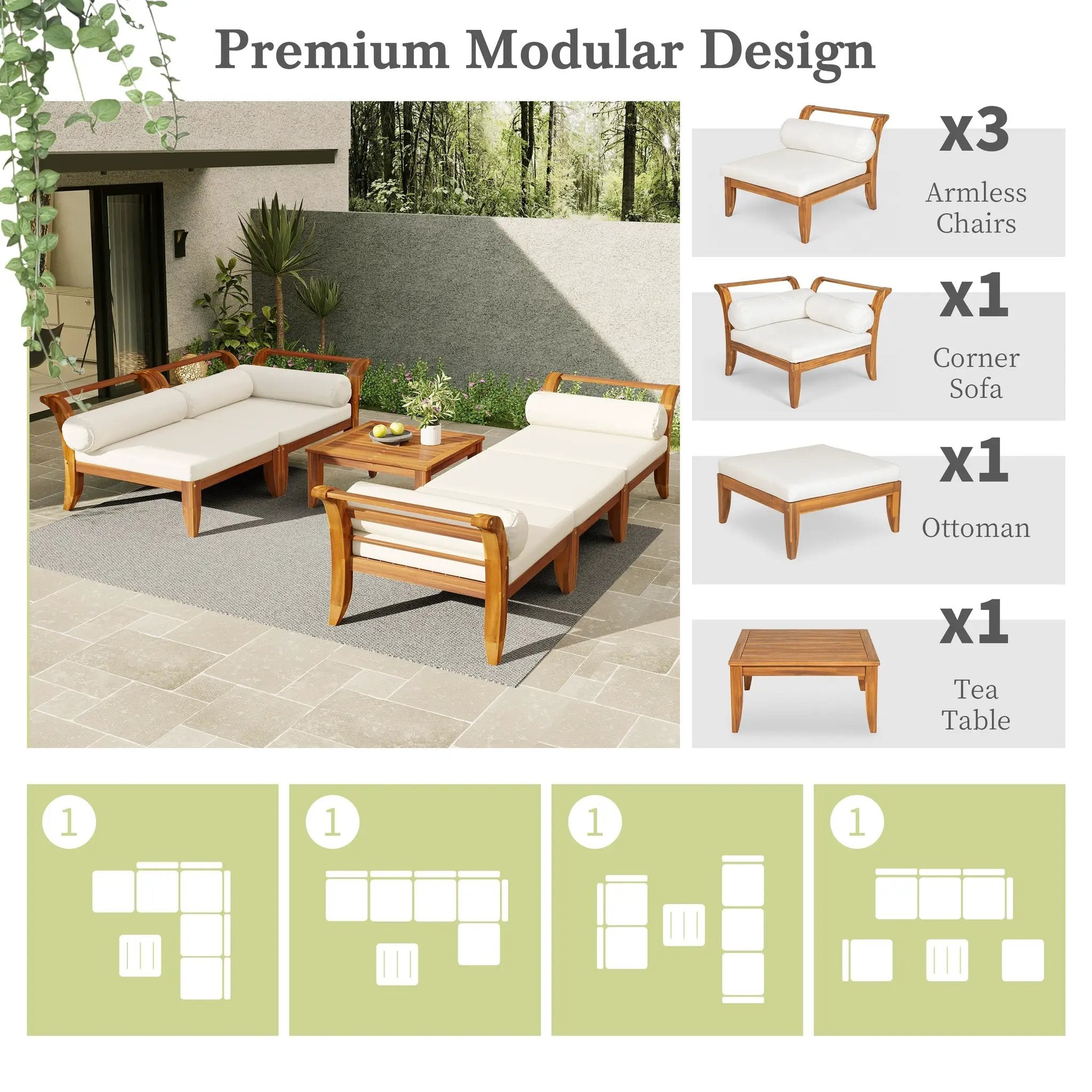 6 Piece Acacia Wood Outdoor Modular Sectional with Daybed and Tea Table by HouseOfZazla