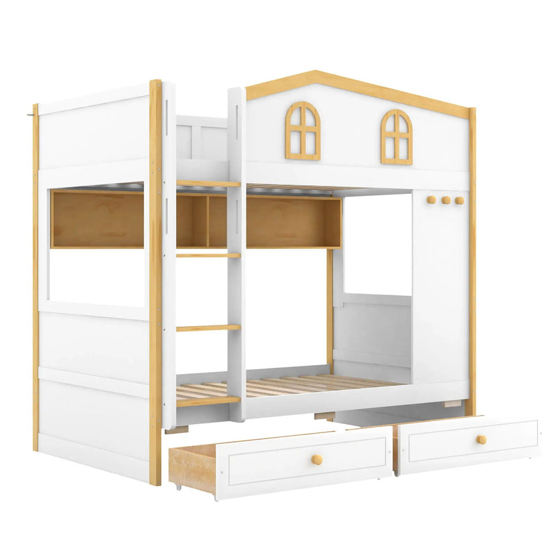 Twin Over Twin Bunk Bed With House Shaped Guardrails, Storage Shelves & Drawers - White / Natural by HouseOfZazla