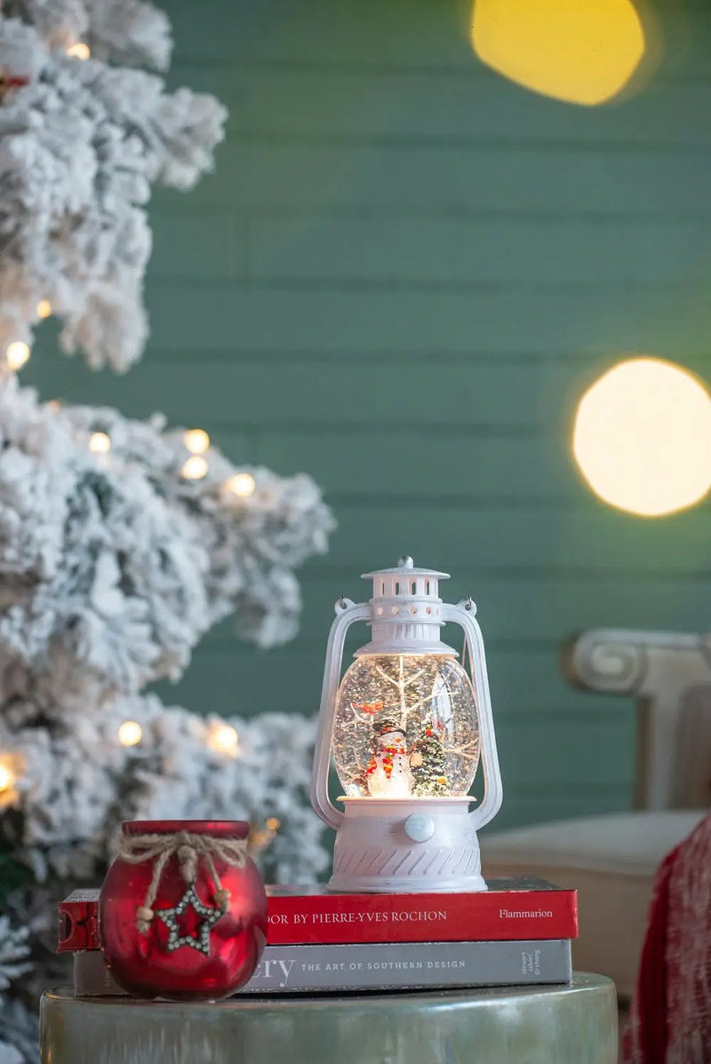 Christmas Plastic / Resin Lantern With Snowman & Tree LED / Water Spinning / 6 Hours Timer, 3*AA Batteries Required - White / Multi by Unique Piece Furniture