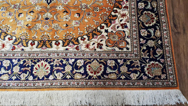 Vintage Persian Qum Silk Rug 4.6 x 6.7, Burnt Orange and Navy Blue, Antique Oriental Very Fine Signature Master Weaver 350+ KPSI Ghom Qom 5x7 Rug by Jewel Rugs