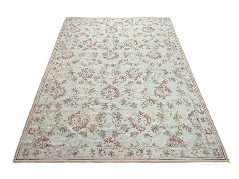 9x12 Flatweave Aubusson Needlepoint Rug, New, Beige, Tan, Green, Handmade, Hand-Knotted Area Rug, French European Carpet, Flowers by Jewel Rugs