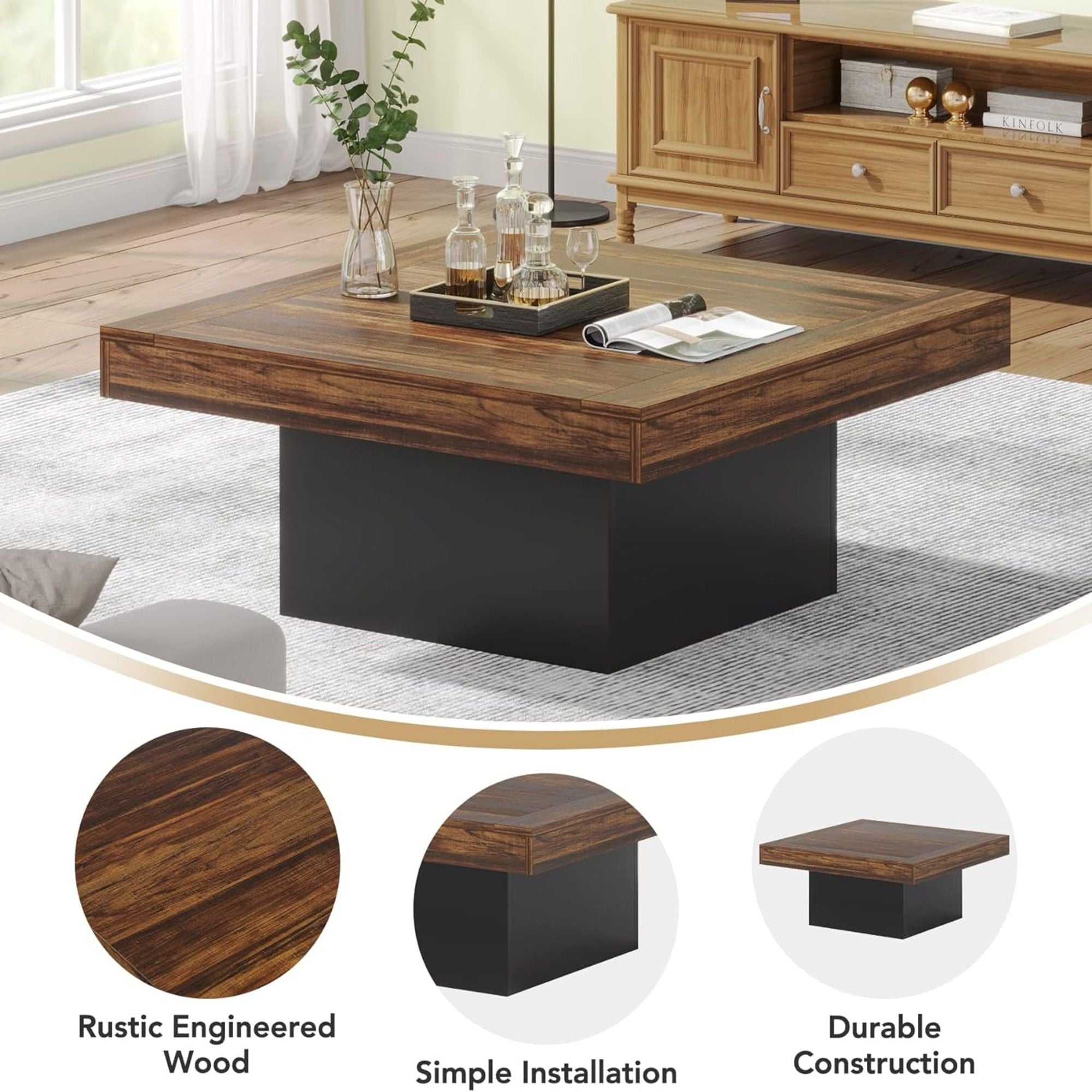 LED Coffee Table With Base, Center Table For Living Room - Rustic Brown by HouseOfZazla
