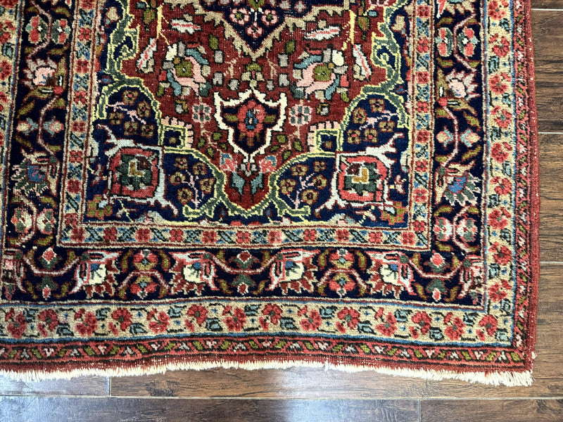Antique Persian Tabriz Rug 3x5, Brick Red Navy Blue, Floral Medallion, Small Persian Carpet by Jewel Rugs