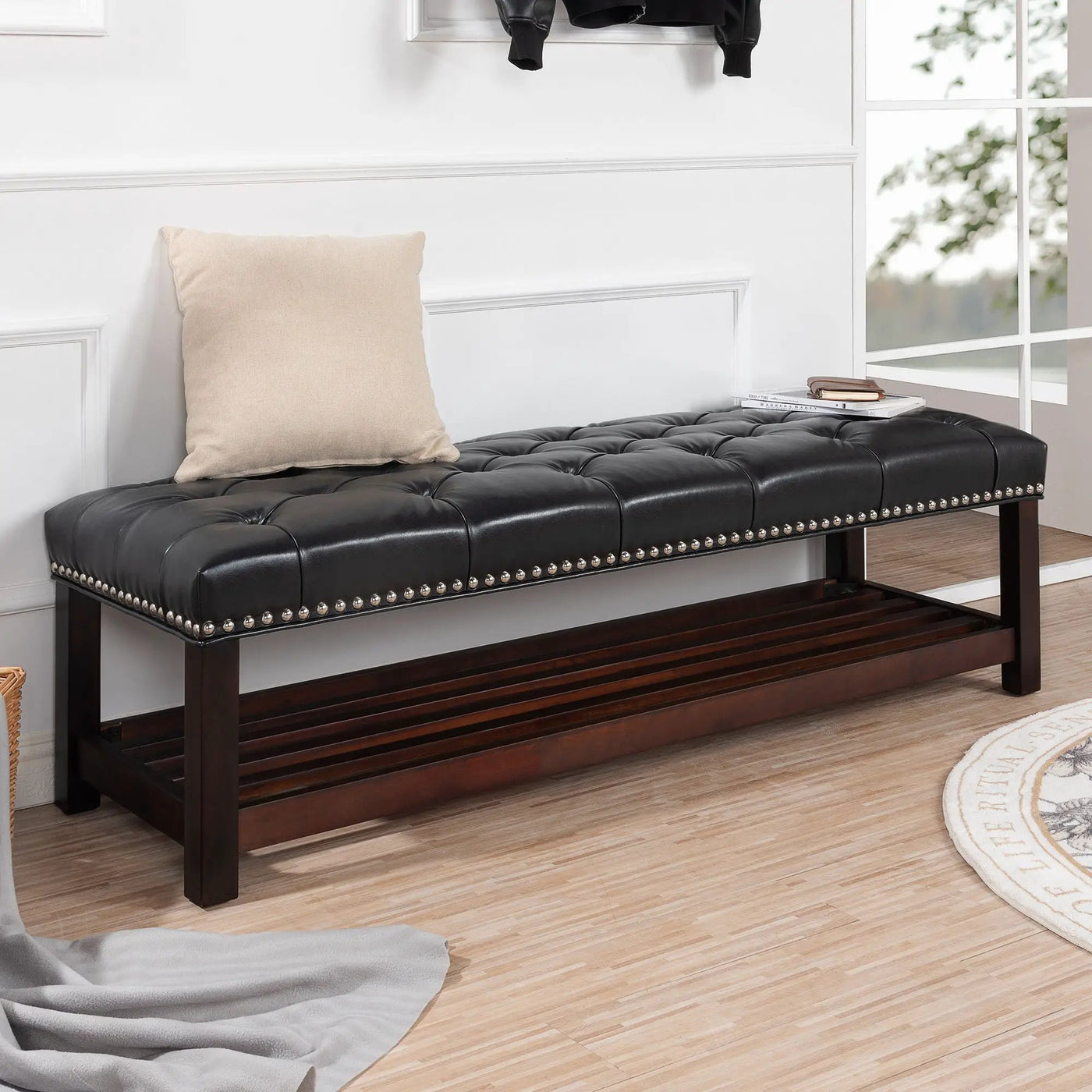 Bedroom End Of Bed Bench Tufted Upholstered End Of Bed Bench End Of Bed Entrance Shoe Bench With Nailhead Trim And Shelf Bedroom Upholstered Bench Living Room Shoe Rack Footstool by Unique Piece Furniture