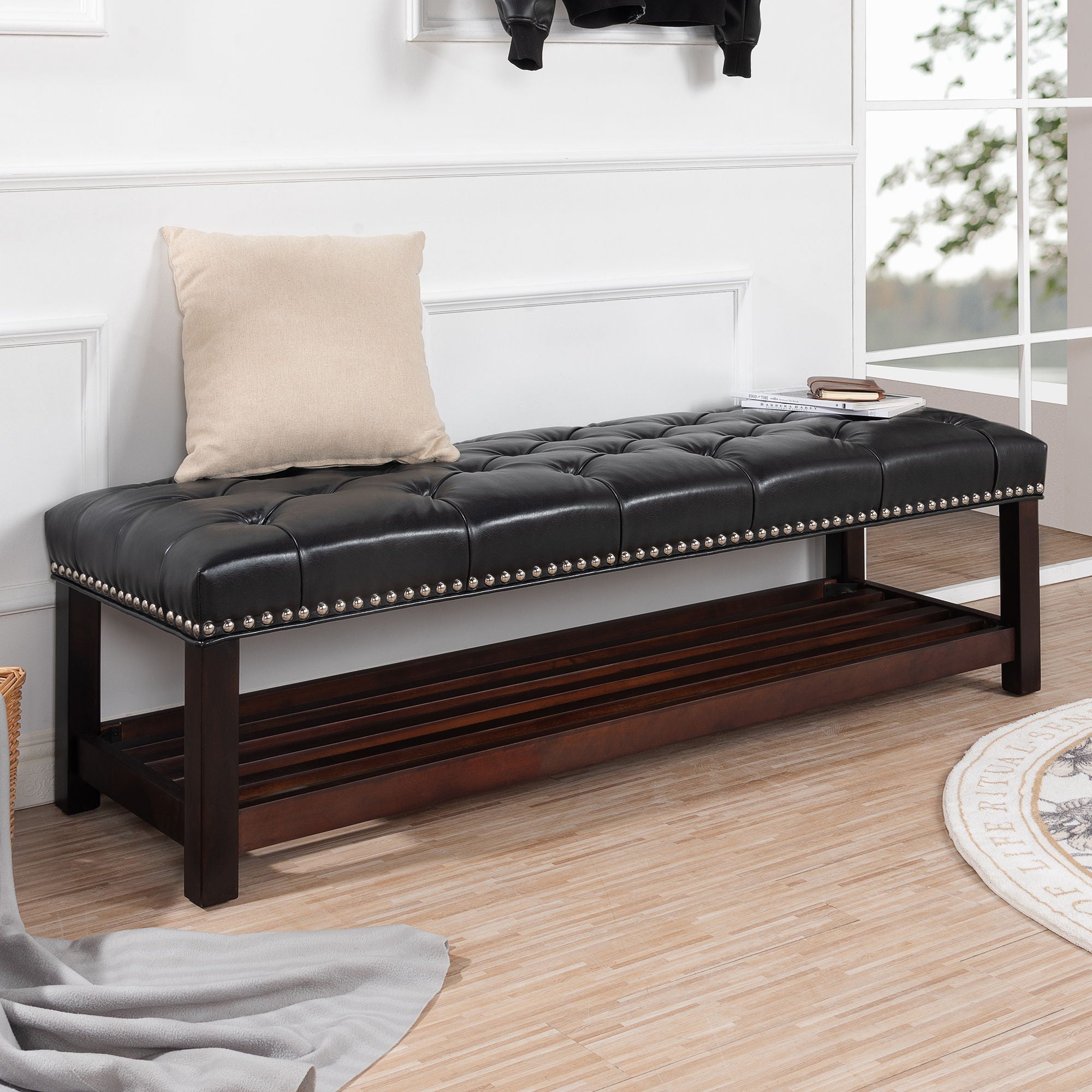 Bedroom End Of Bed Bench Tufted Upholstered End Of Bed Bench End Of Bed Entrance Shoe Bench With Nailhead Trim And Shelf Bedroom Upholstered Bench Living Room Shoe Rack Footstool by Unique Piece Furniture