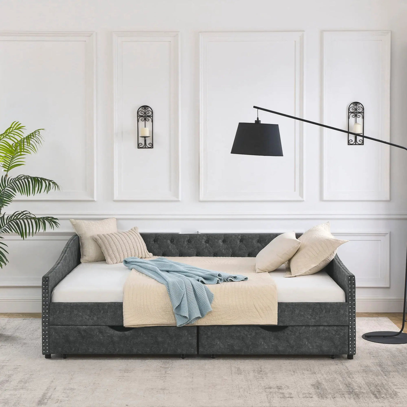 Upholstered Tufted Daybed With Drawers, Waved Arms by Unique Piece Furniture