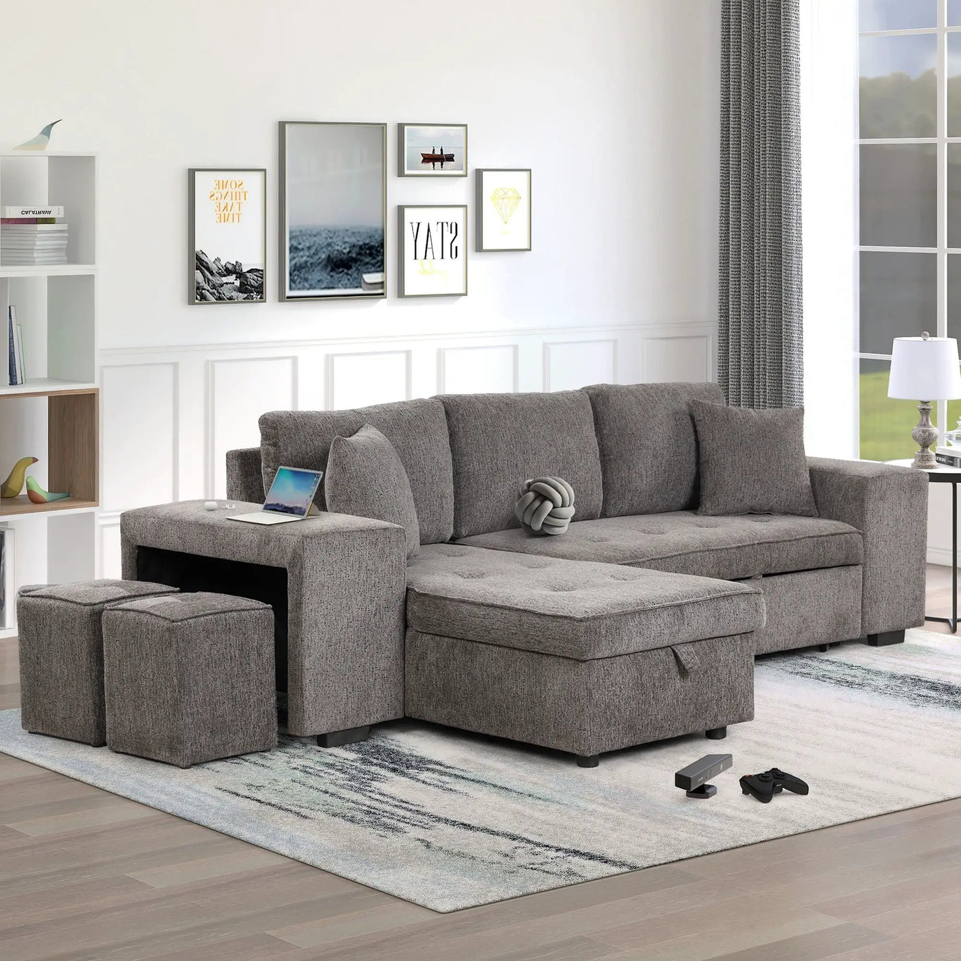 Modern L-Shape 3 Seat Reversible Sectional Couch, Pull Out Sleeper Sofa With Storage Chaise And 2 Stools For Living Room Furniture Set by Unique Piece Furniture