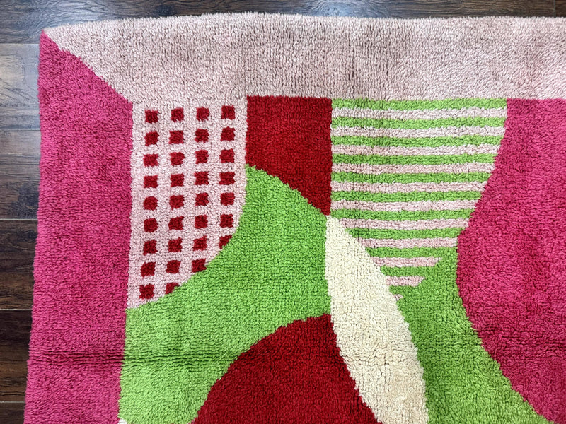 European Shag Rug 4.8 x 4.8, Modern Abstract Design, Green Pink Red, Square Shag Rug, Unique by Jewel Rugs