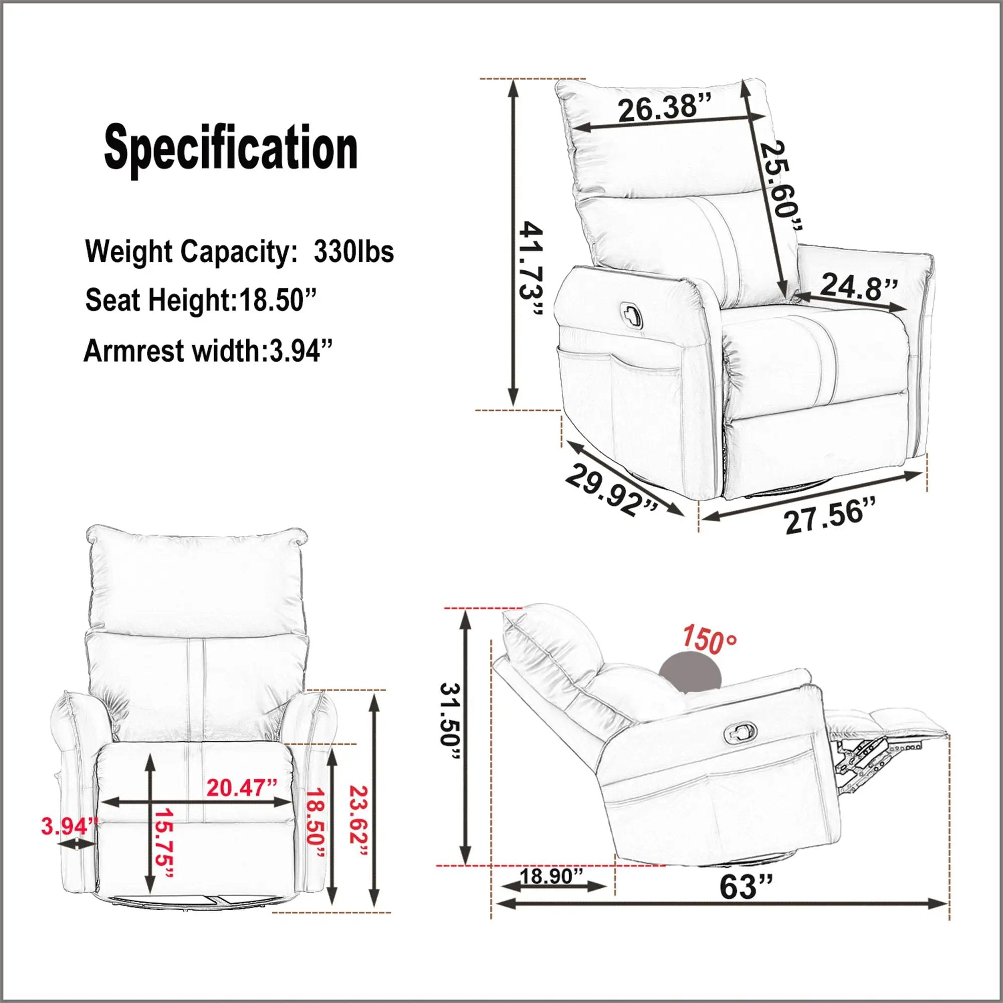 360° Modern Small Rocking Swivel Recliner Chair With Side Pocket by Unique Piece Furniture