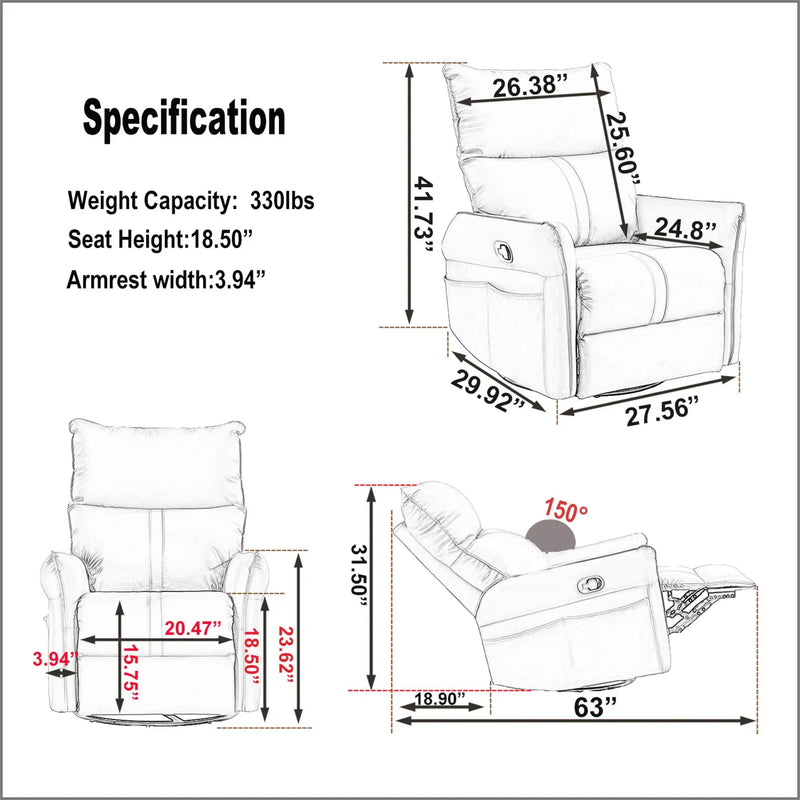 360° Modern Small Rocking Swivel Recliner Chair With Side Pocket by Unique Piece Furniture
