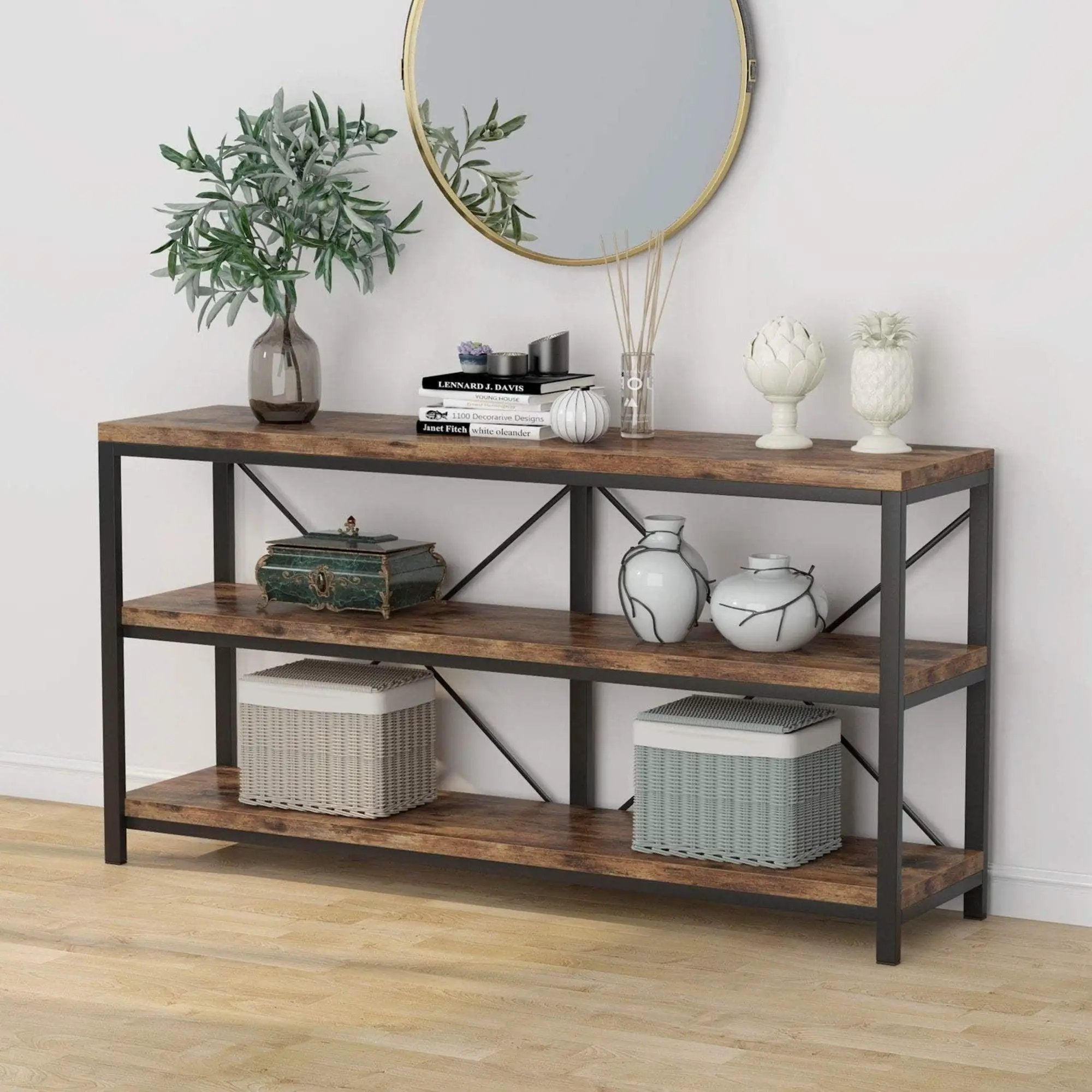 Console Table With 3 Tier Storage Shelves Finish, Slim Narrow Design For Living Entryway - Brown / Black by HouseOfZazla