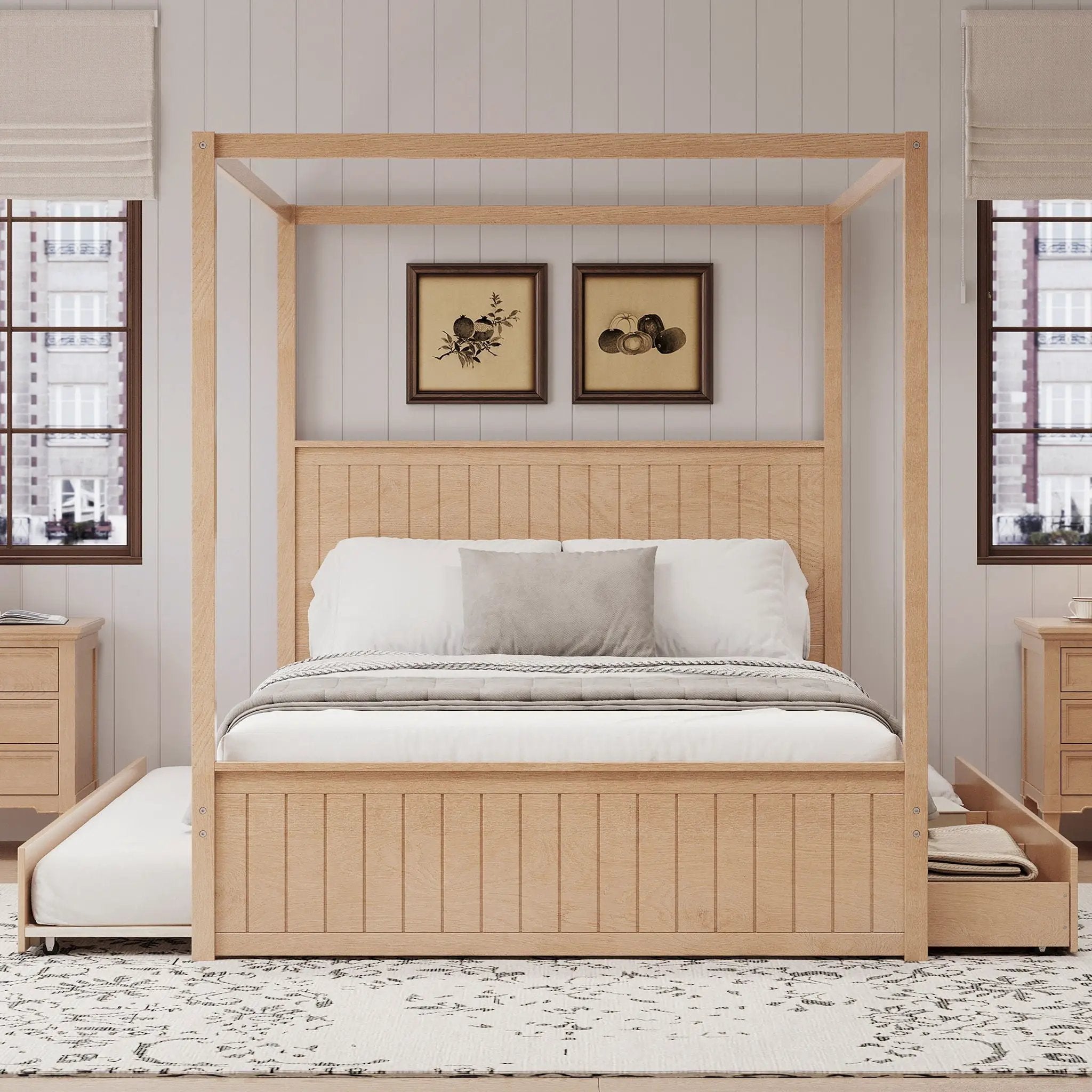 Queen Size Canopy Platform Bed With Trundle And 3 Storage Drawers, 4 Post, No Box Spring Needed - Natural by HouseOfZazla