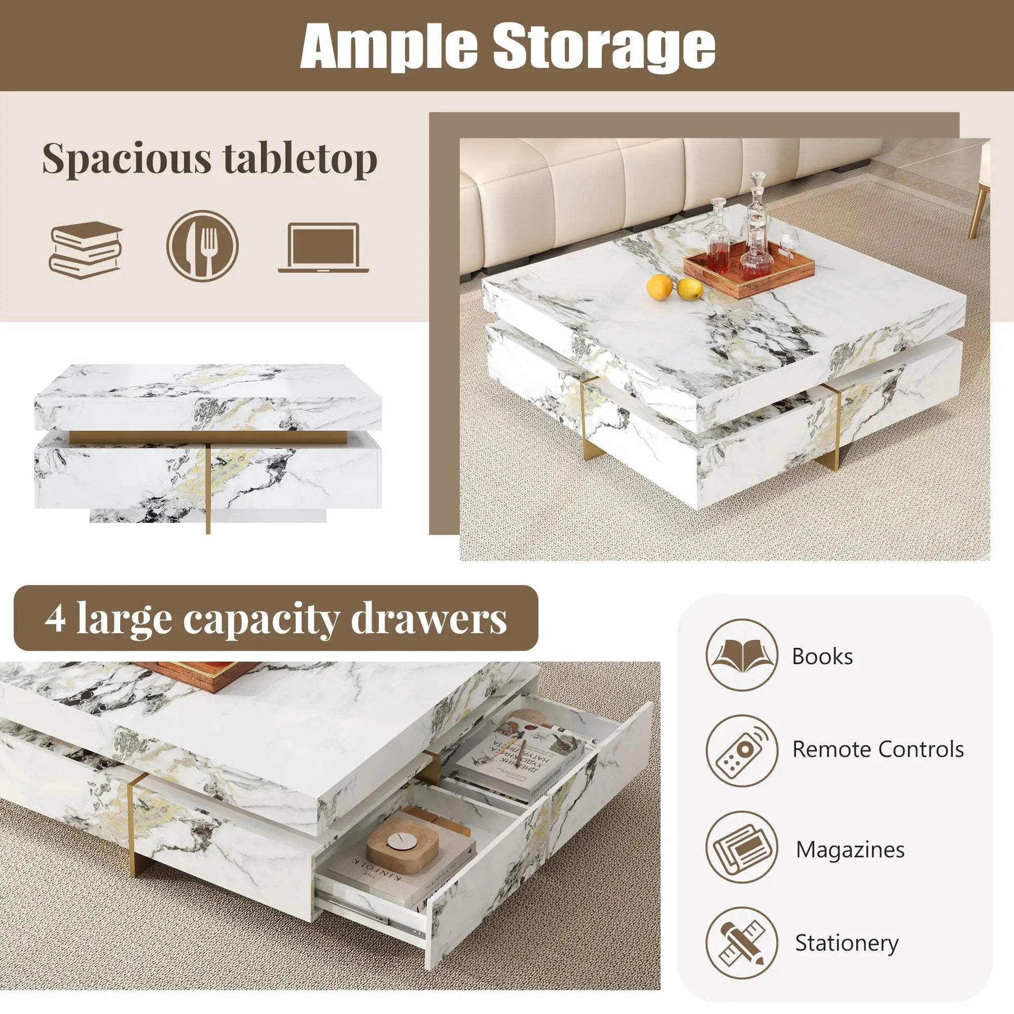 Modern Square Marble Textured Coffee Table with 4 Drawers by HouseOfZazla