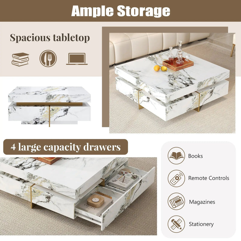 Modern Square Marble Textured Coffee Table with 4 Drawers by HouseOfZazla