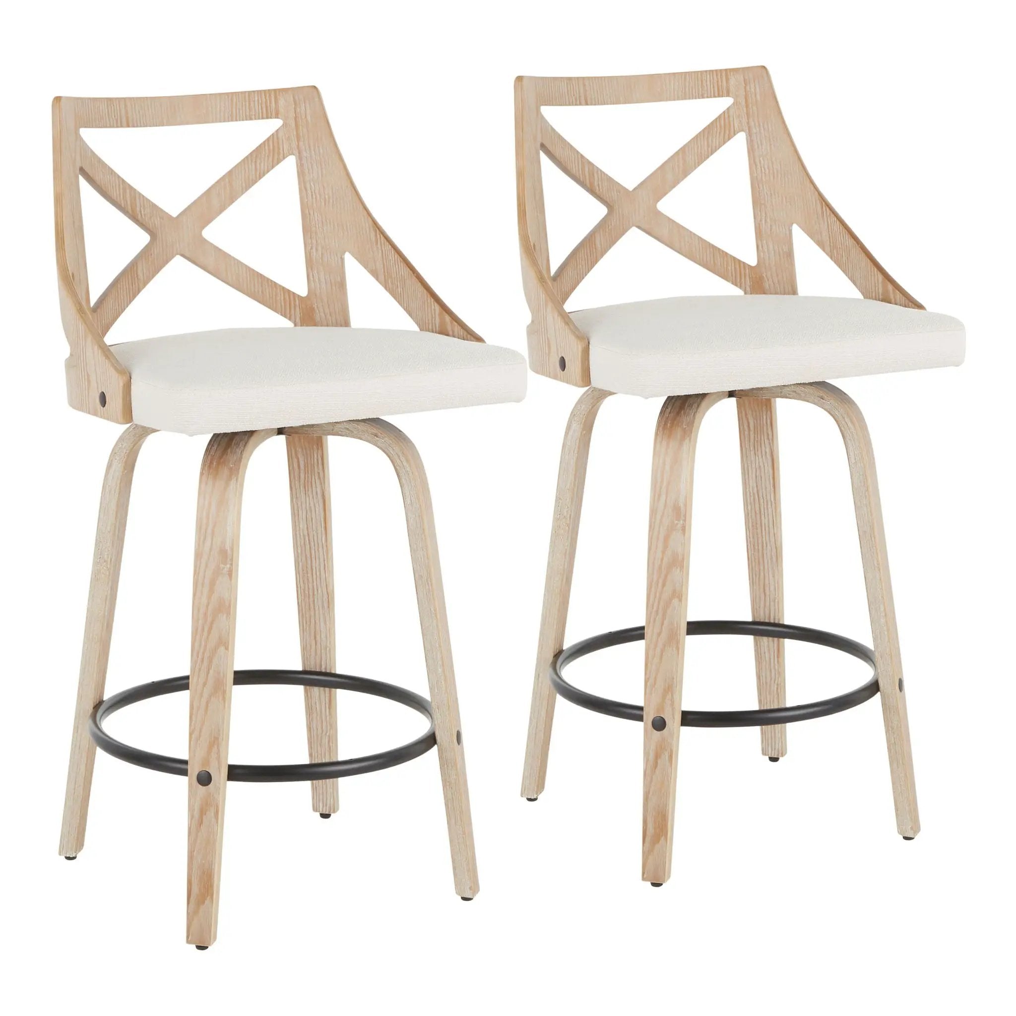 Charlotte - Farmhouse Fixed Height Counter Stool With Swivel (Set of 2) - White Washed / Cream by HouseOfZazla