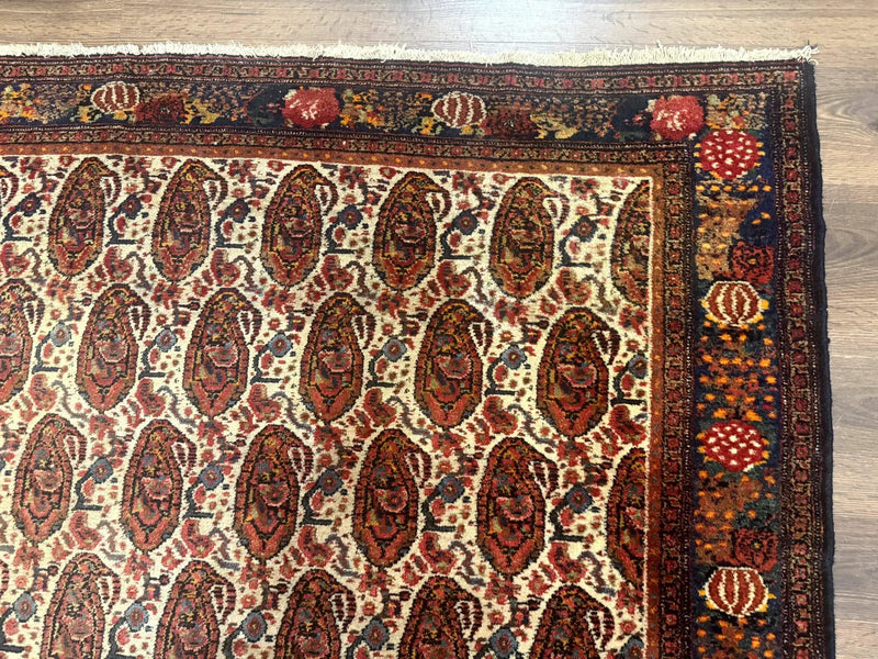 Antique Persian Kurdish Senneh Rug 4.6 x 6.5, Repeated Paisely Boteh Design, Handmade by Jewel Rugs