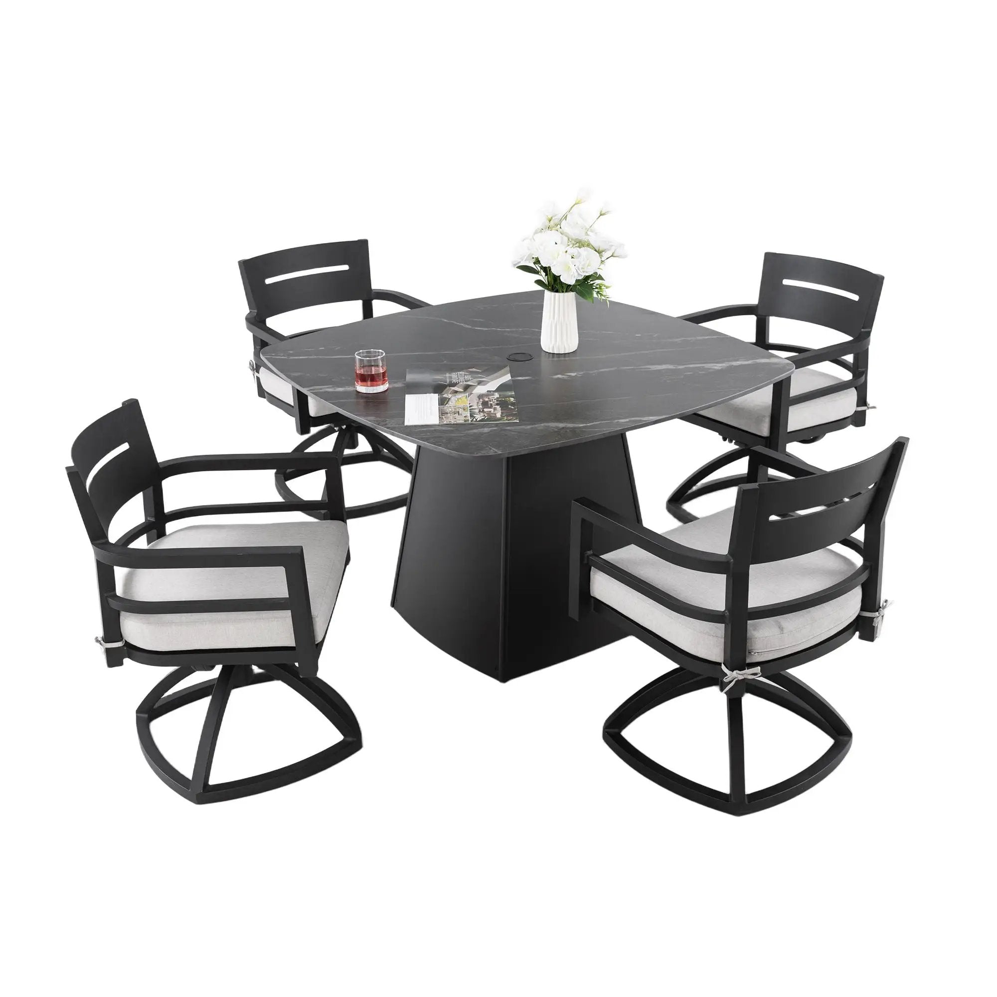Outdoor Patio Dining Set, Squircle Dining Table, Dining Chairs With Sunbrella Cushions by HouseOfZazla