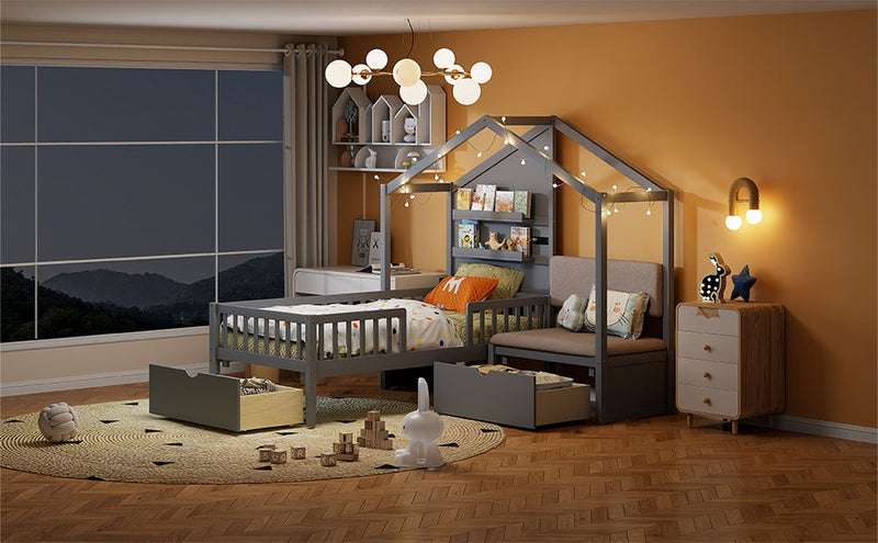 House Bed With Upholstered Sofa, Wireless Charging Station, Shelves And 2 Drawers