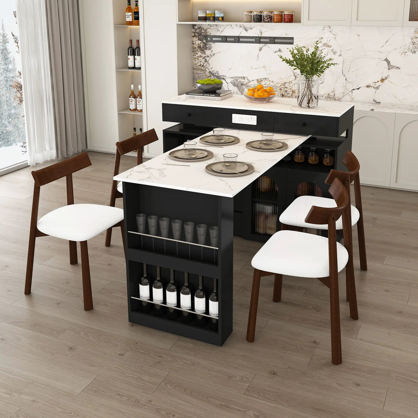 Retro Kitchen Island Set With Chairs, Extendable & Rotating Table, 4 Drawers & Door Cabinets by Unique Piece Furniture