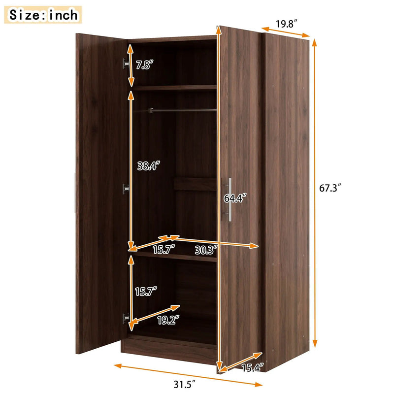 2 Door Wooden Wardrobe Armoire With 3 Storage Shelves - Brown by Unique Piece Furniture