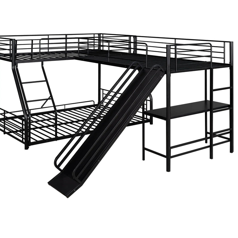 L-Shaped Twin Over Full Bunk Bed With Twin Loft, Built In Desk And Slide - Black by Unique Piece Furniture