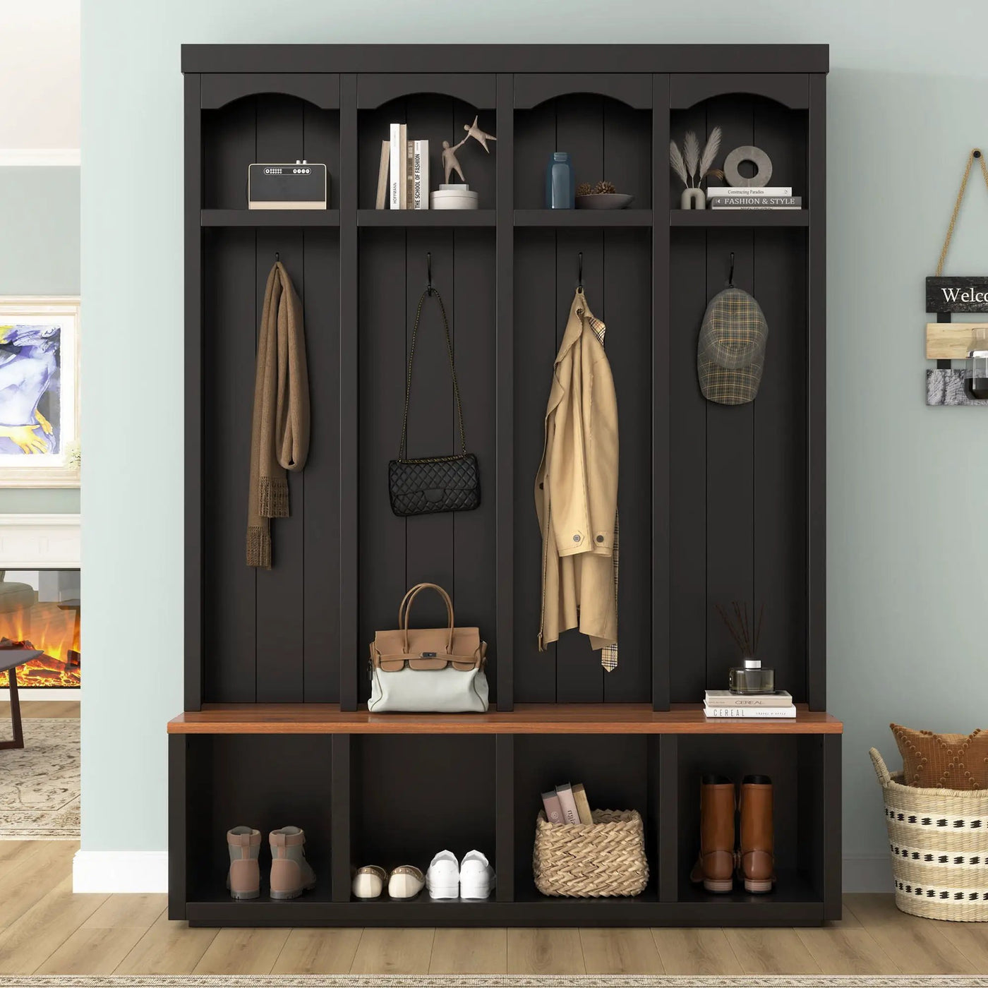 Entryway Hall Tree With Bench, 4 Hooks & Open Storage Space by Unique Piece Furniture