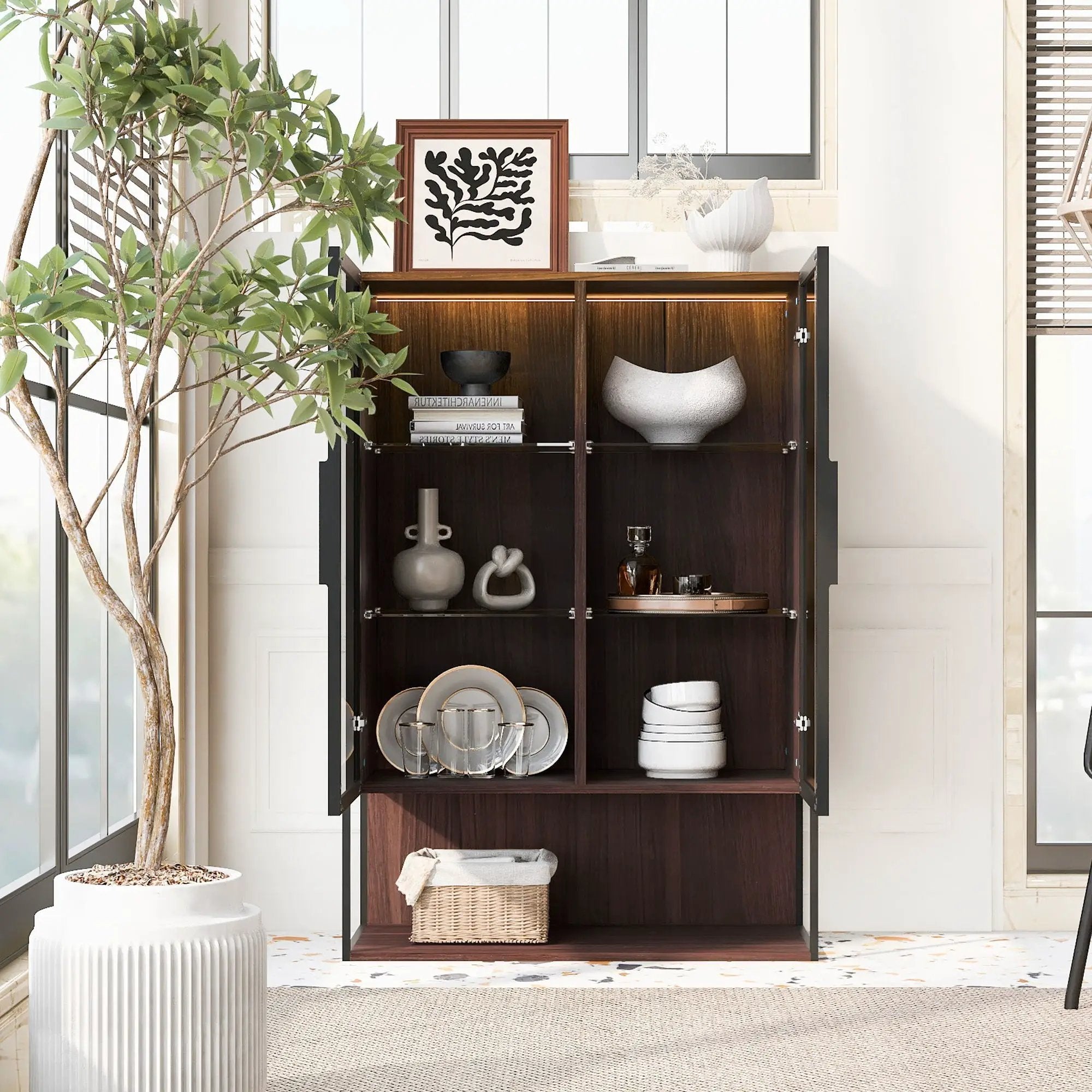 Modern Minimalist Tall Lighted Display Cabinet With Tempered Glass Door - Black / Dark Walnut by HouseOfZazla
