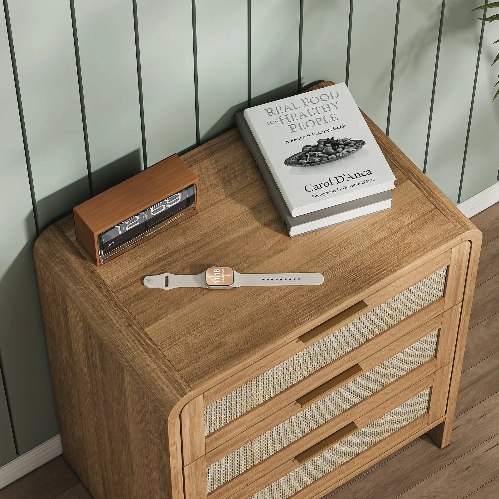 Rattan Nightstand Set of 2 with 3 Drawers in Caramel Oak by HouseOfZazla