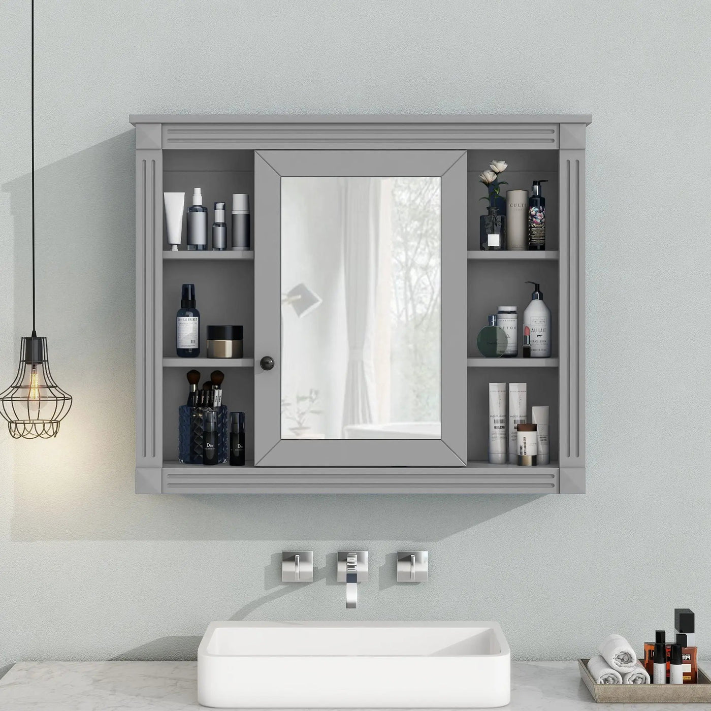 Wall Mounted Bathroom Storage Cabinet With Mirror, Cabinet With 6 Open Shelves And Adjustable Interior by Unique Piece Furniture