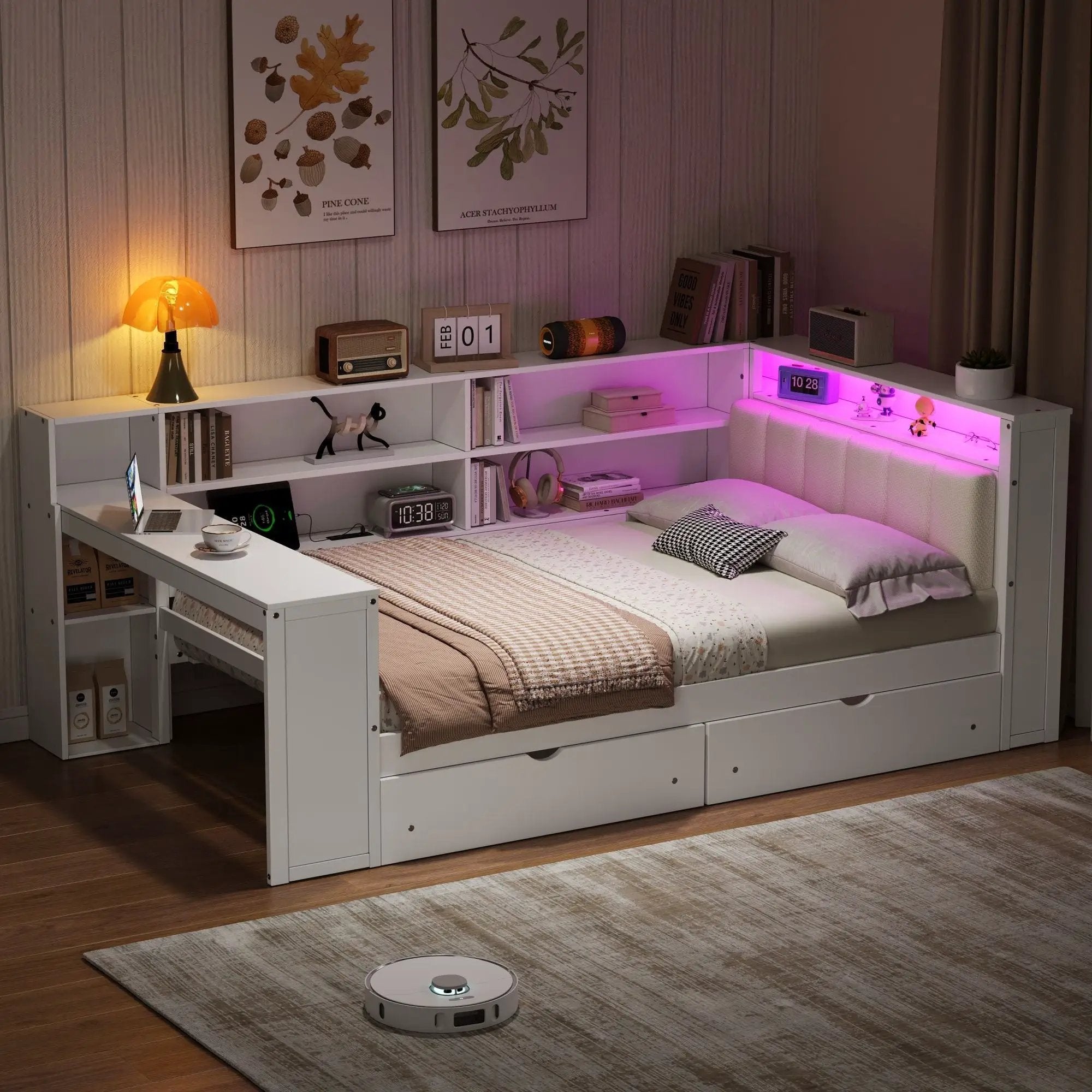 Platform Bed With Storage Shelves, Drawers, Charging Station, LED, Desk by Unique Piece Furniture