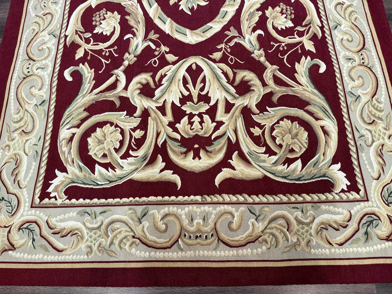 Burgundy Aubusson Rug 6x9, Vintage Wool Carpet by Jewel Rugs