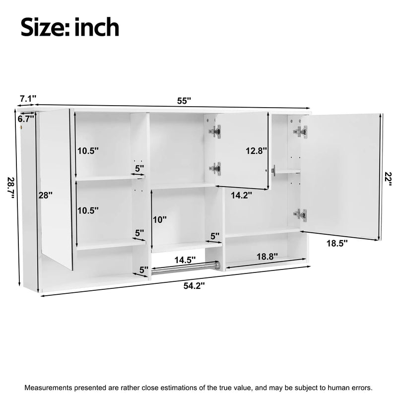 Wall-Mount 3-In-1 Mirror Cabinet With Adjustable Shelf, Soft-Closing Hinges, Rectangular Design - White by Unique Piece Furniture