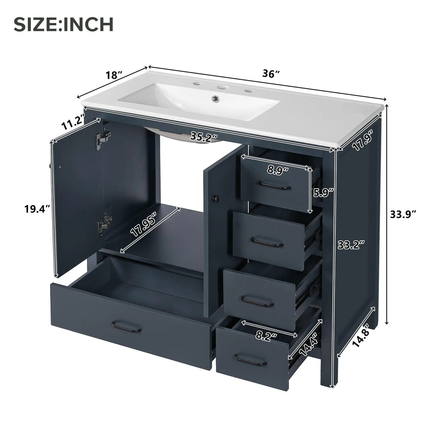 Bathroom Vanity With Ceramic Sink Combo, Abundant Storage Cabinet 2 Soft Close Doors And 5 Drawers by Unique Piece Furniture