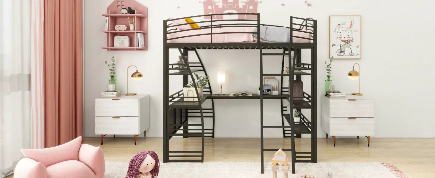 Loft Bed With 4 Layers Of Shelves And L-Shaped Desk, Stylish Metal Frame Bed With A Set Of Sockets, USB Ports And And Wireless Charging by HouseOfZazla