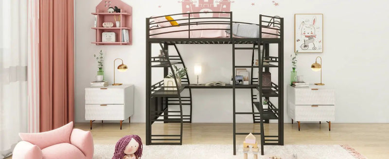 Loft Bed With 4 Layers Of Shelves And L-Shaped Desk, Stylish Metal Frame Bed With A Set Of Sockets, USB Ports And And Wireless Charging by HouseOfZazla