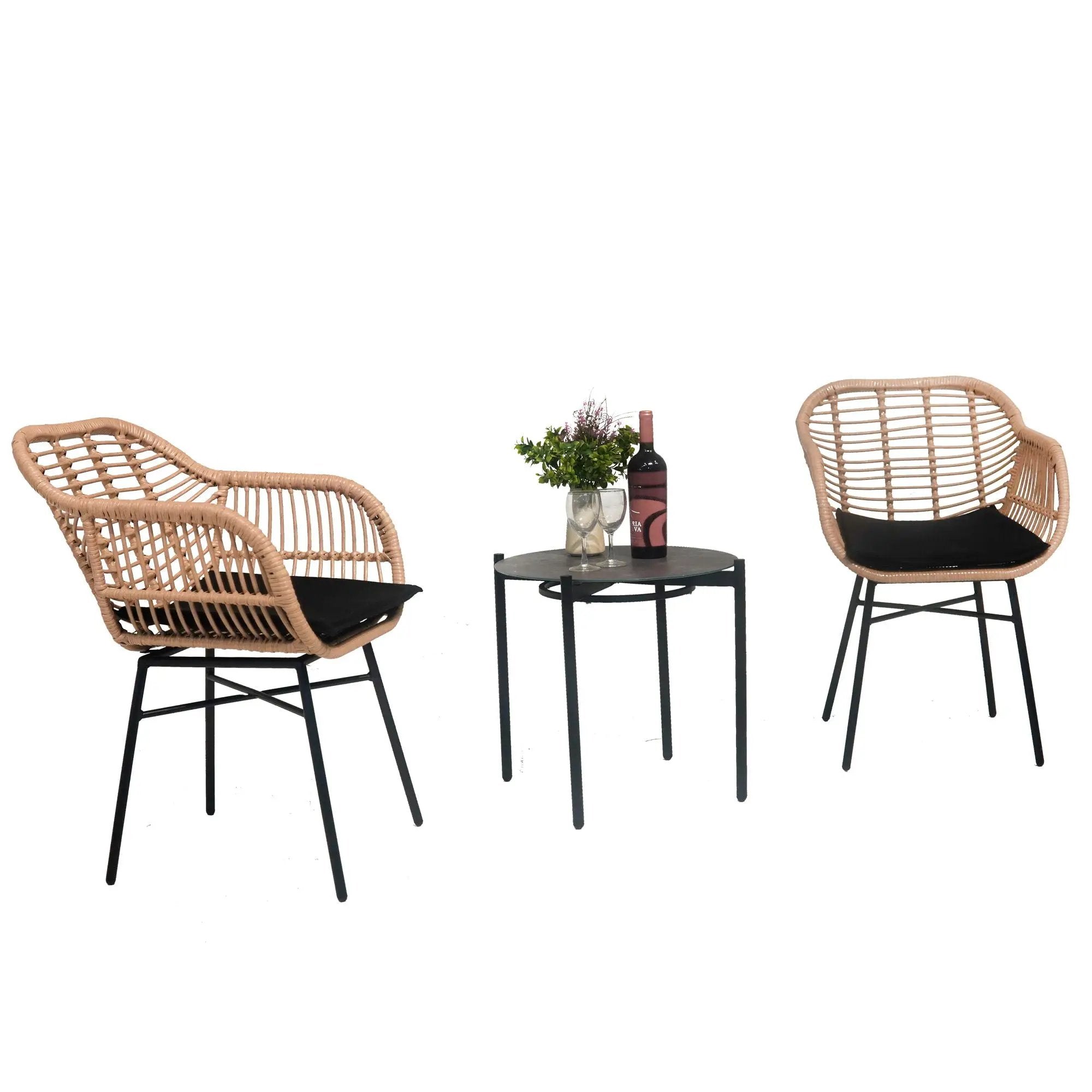3 Pieces Of Luxury Outdoor Wicker Furniture, Patio Bistro Style Table And Chair Combination, Weather Resistant PE Wicker Weave, Suitable For Garden - Black / Natural by HouseOfZazla