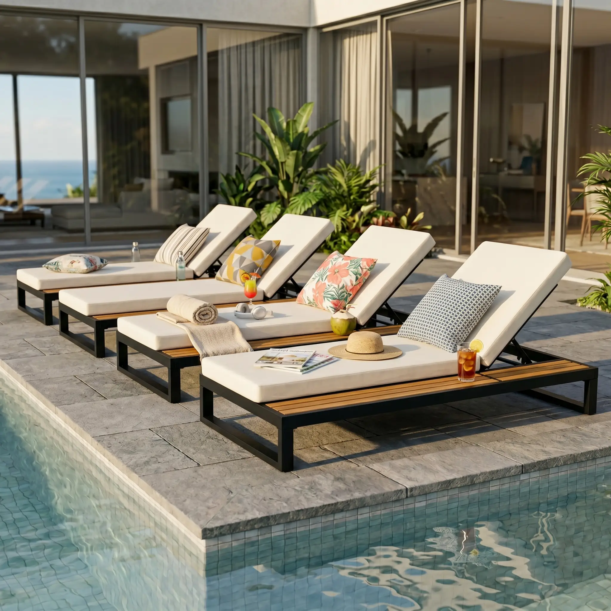Black Iron & Teak Finish Chaise Lounge Set: 1 Frame + 1 2-Fold by HouseOfZazla