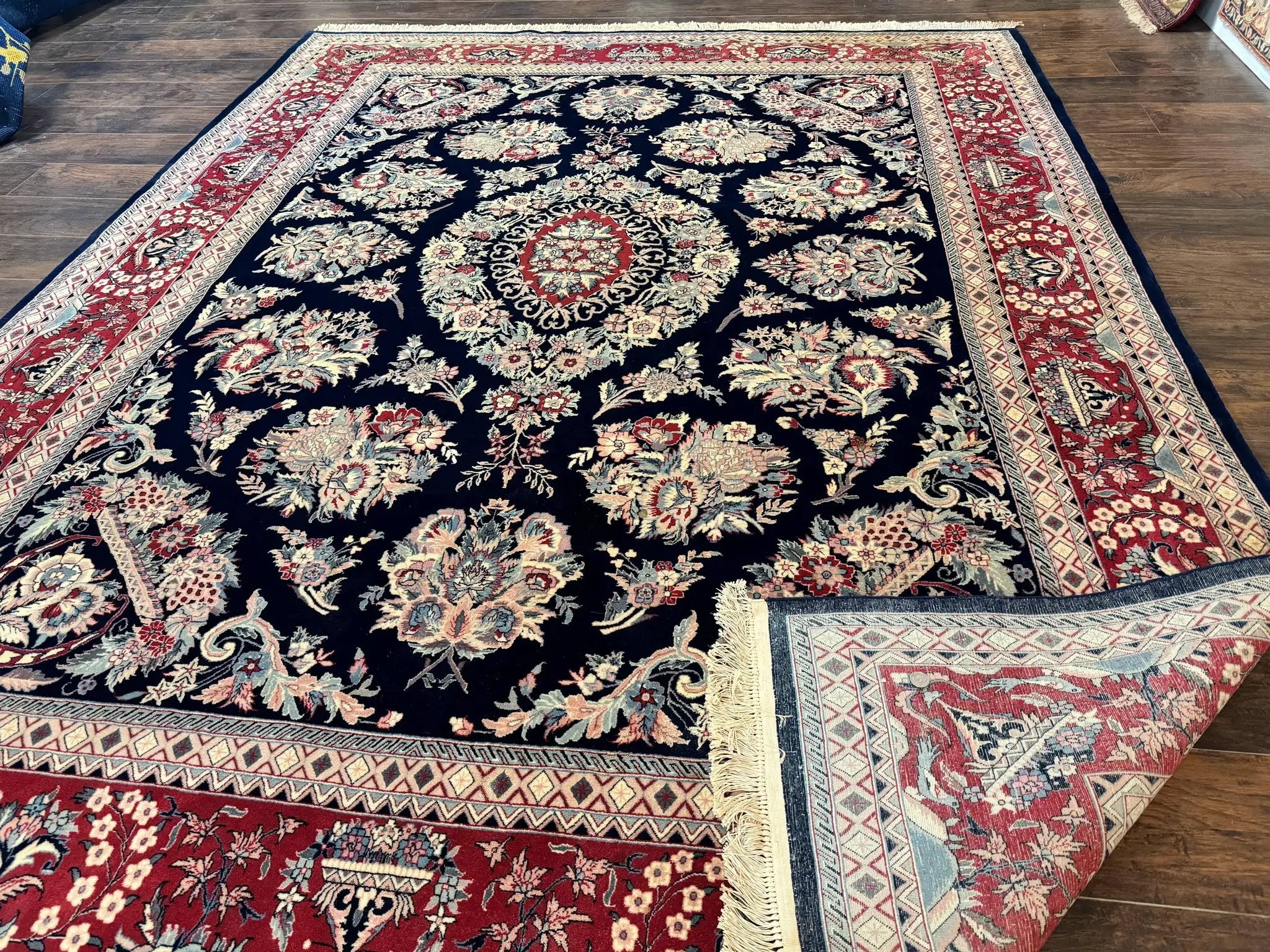 Sino Persian Rug 8x10, Floral Kirman Carpet, Navy Blue and Red, Floral Vases, Handmade Vintage Wool Carpet, 320 KPSI by Jewel Rugs