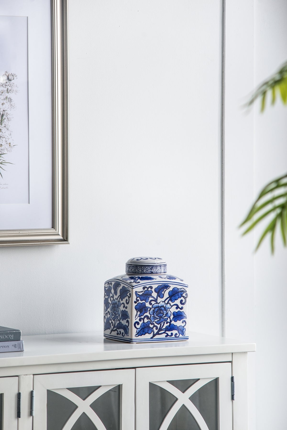 5x5x8' Hand Painted Square Canister with Blue and White Floral Pattern by HouseOfZazla