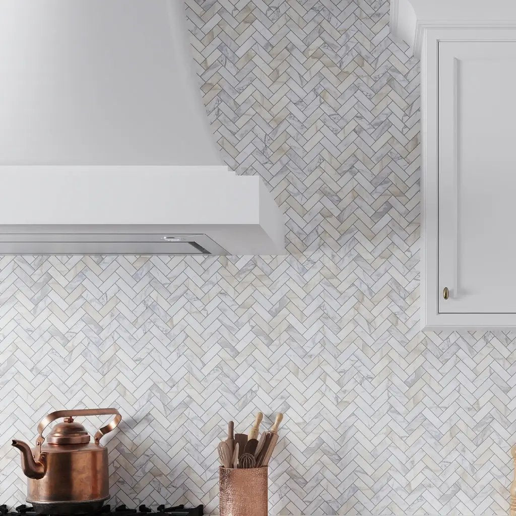 White Gray 12x13 Honed Herringbone Calacatta Gold Marble Mosaic Tile (5 pack, 5.29 sq ft/case) by Apollo Tile