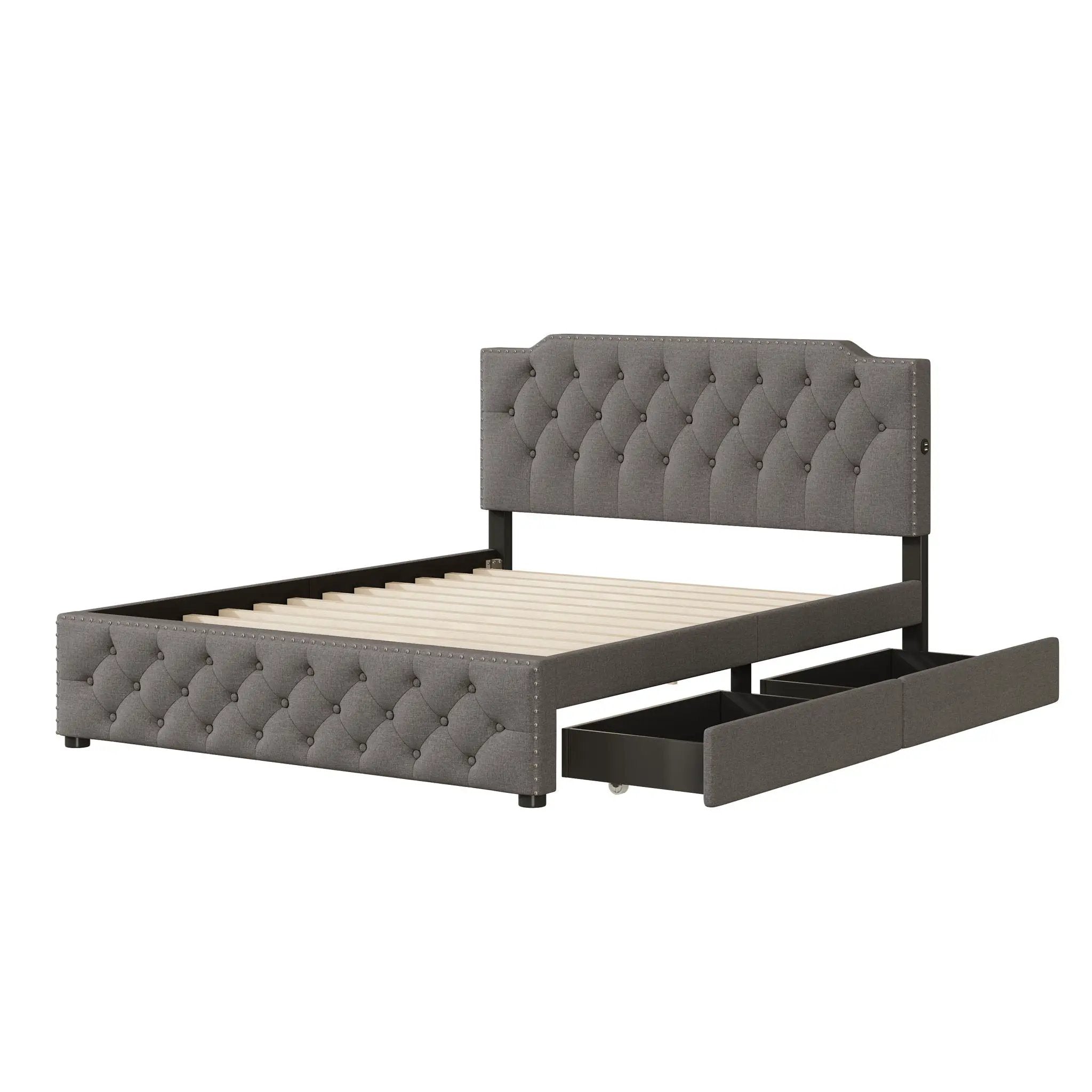 Upholstered Platform Bed With 2 Drawers And 2 Sets Of USB Ports On Each Side, Fabric by Unique Piece Furniture