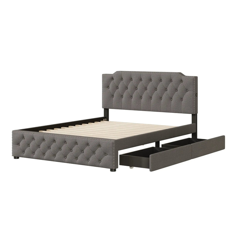 Upholstered Platform Bed With 2 Drawers And 2 Sets Of USB Ports On Each Side, Fabric by Unique Piece Furniture
