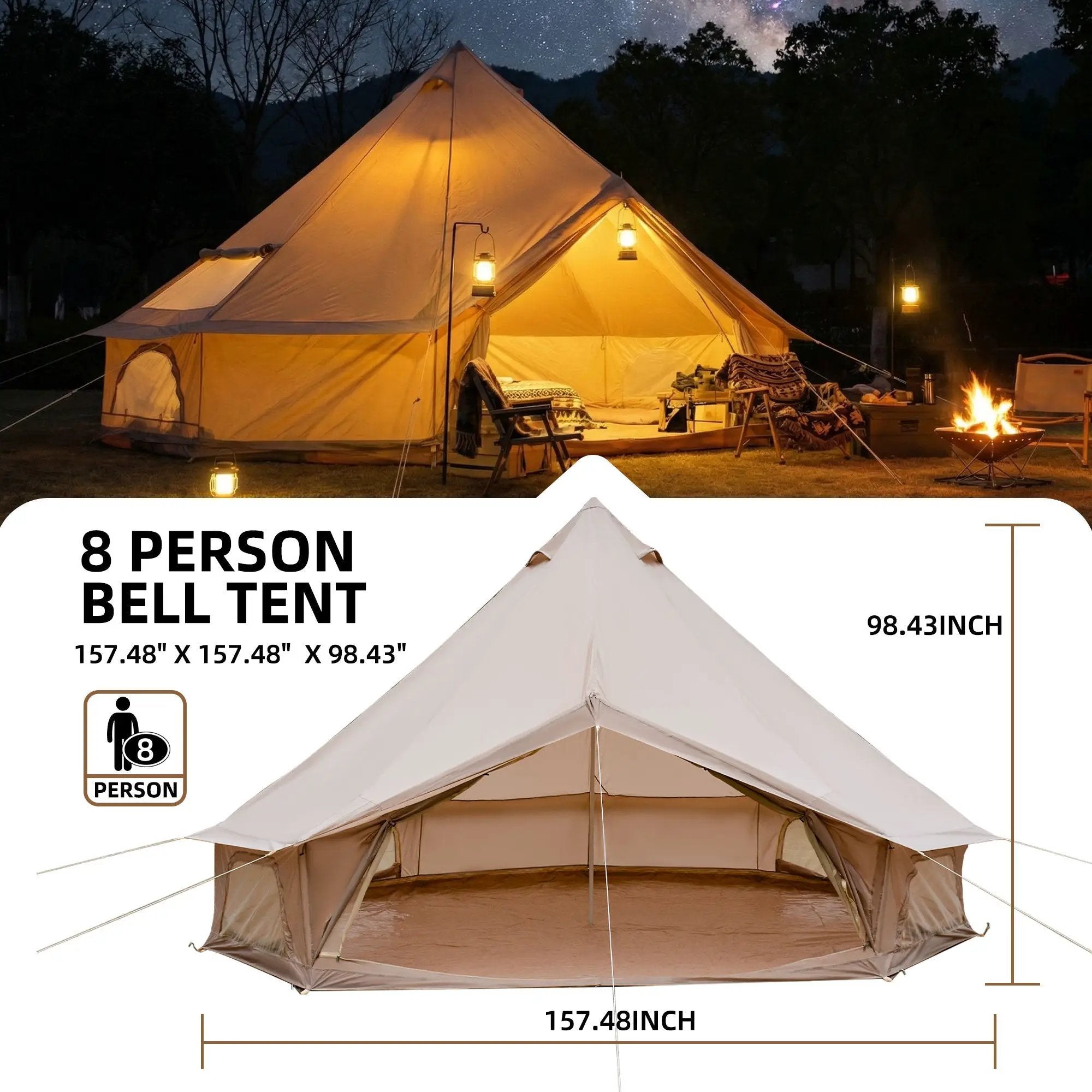 4 Season Bell Tent 13.1FT, Beige Waterproof Glamping Yurt Tent by HouseOfZazla