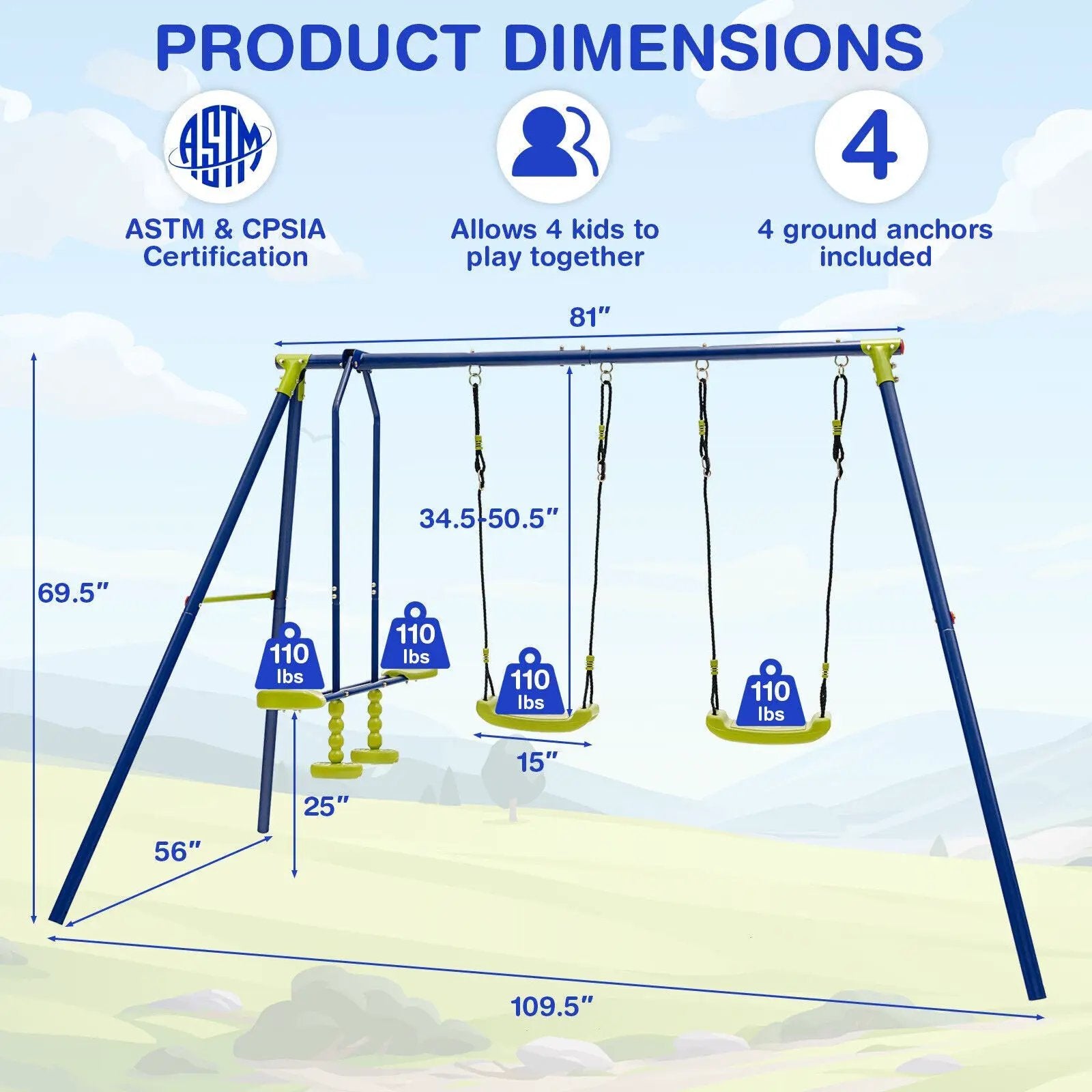 440 Pounds Kids Swing Set with Two Swings and One Glider by DirectDeals