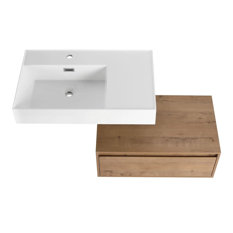 Modern Wall Mounted Bathroom Vanity With Resin Sink And Side Cabinet, Soft Close Drawer, Imitative - Imitative Oak by HouseOfZazla