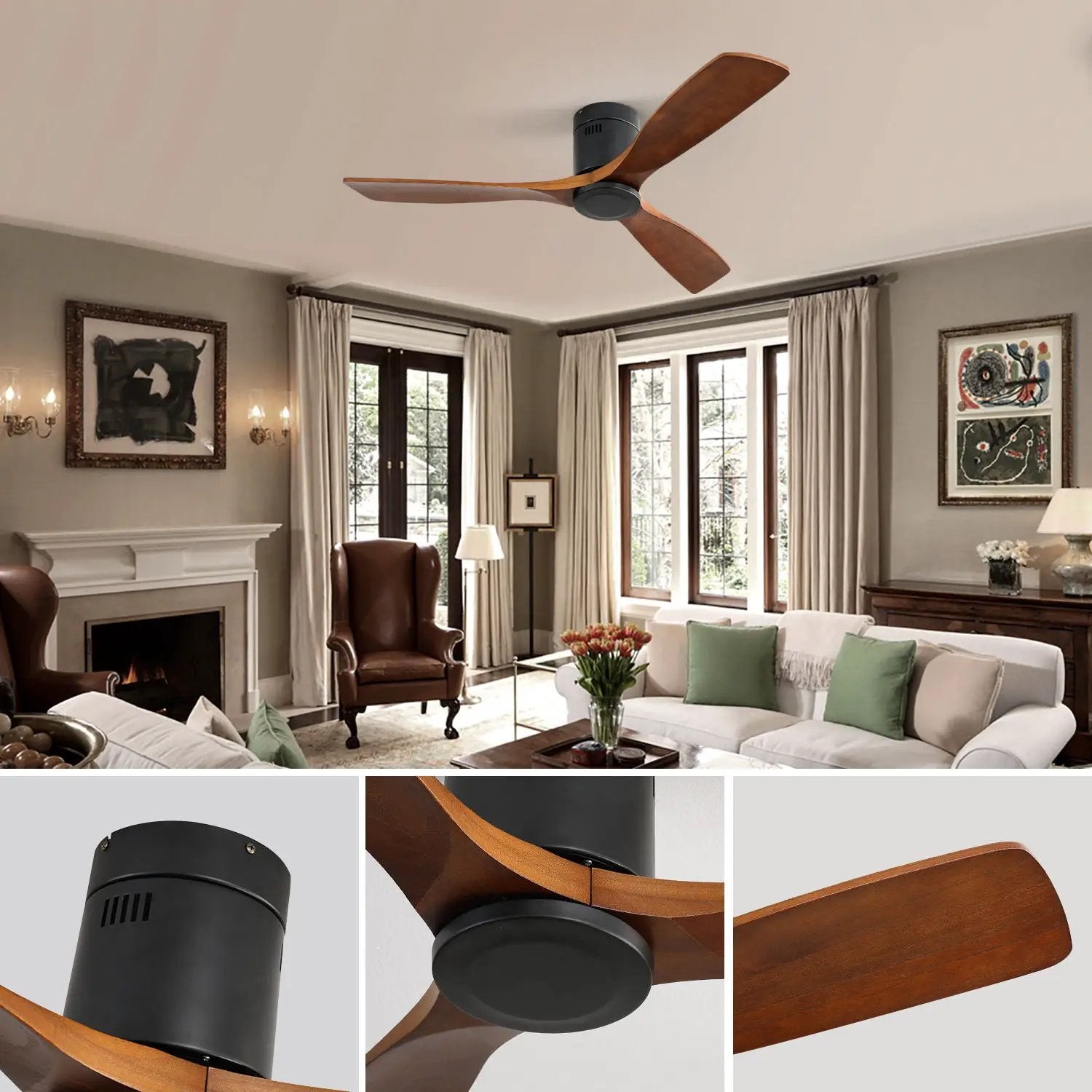 Ceiling Fan With 3 Solid Blades, Remote Controlled Reversible DC Motor - Black by HouseOfZazla