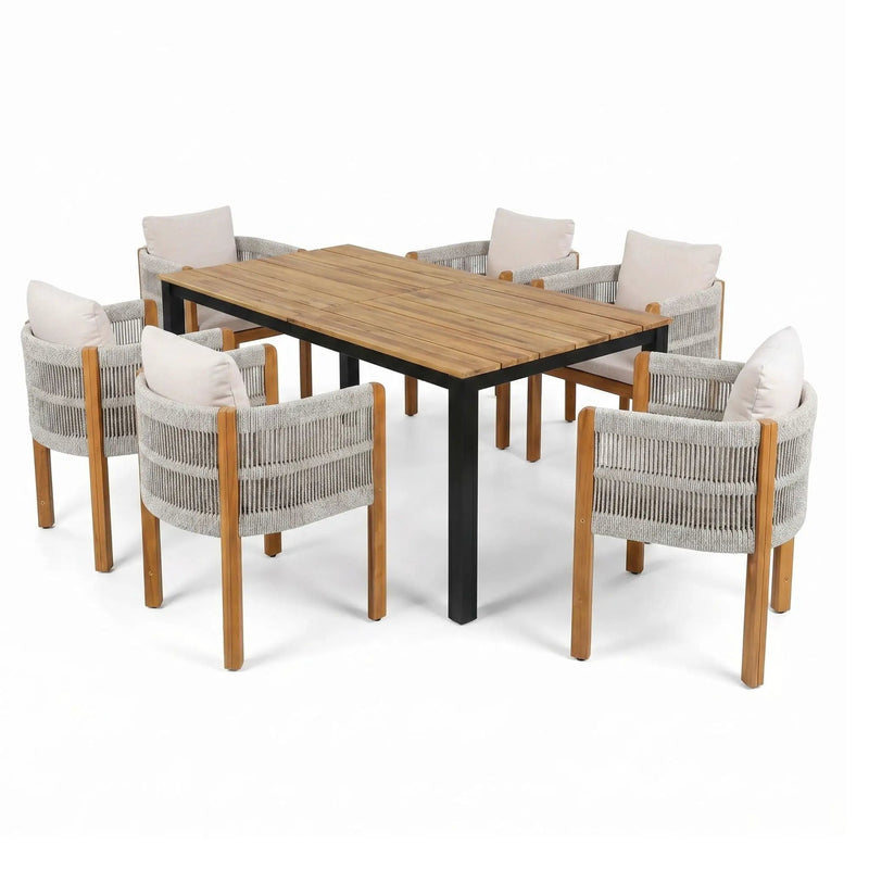 7 Piece Outdoor Dining Set With Table And 6 Chairs - Beige / Teak / White by HouseOfZazla